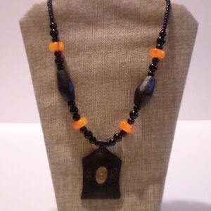 Vintage Boho Ethnic Inspired Carved Brass Inlaid Wood and Glass Bead Necklace